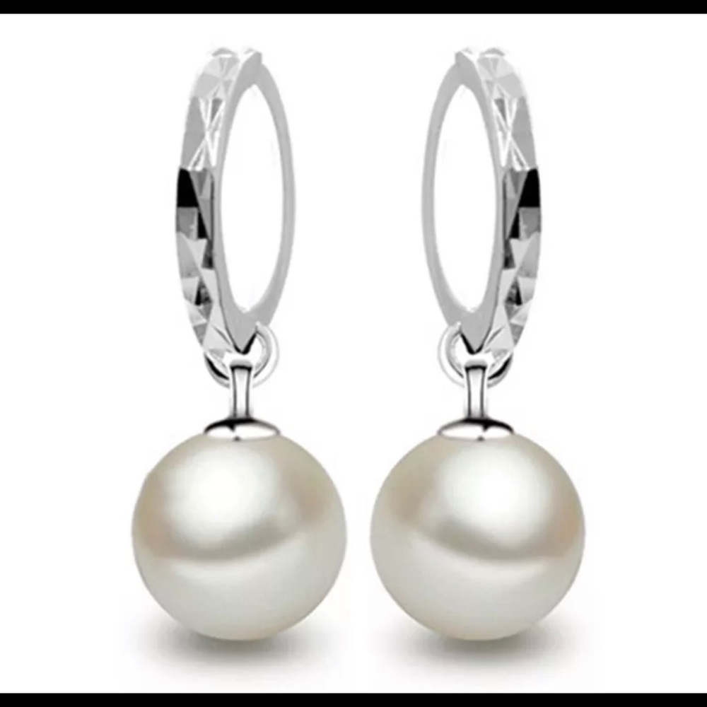 925 Sterling Silver Diamond Cut Hoop Simple Pearl Earrings